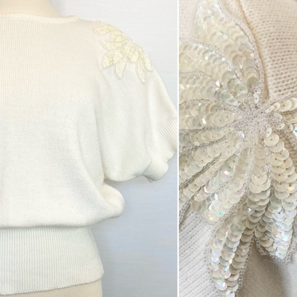 Vintage 80s Knit Sequin Beaded Floral Ivory Optic White Top Disco Sweater L - Picture 1 of 9
